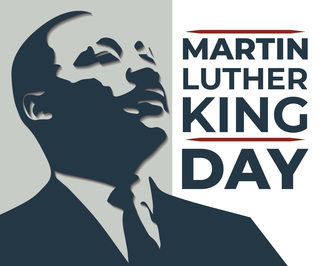 Drawing of Martin Luther King and text "Martin Luther King Day"